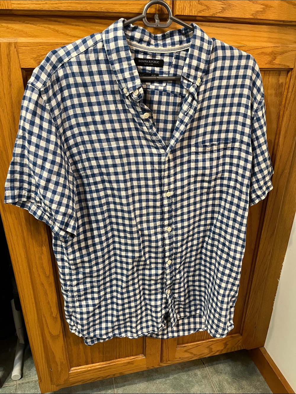 Banana Republic Navy and White Gingham Short-Sleeve Button-Down Shirt